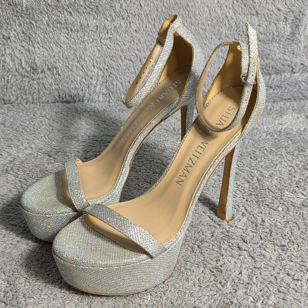 Stuart Weitzman Nudist‎ Hollywood Silver Platform Stiletto Sandals Shoes 9.5